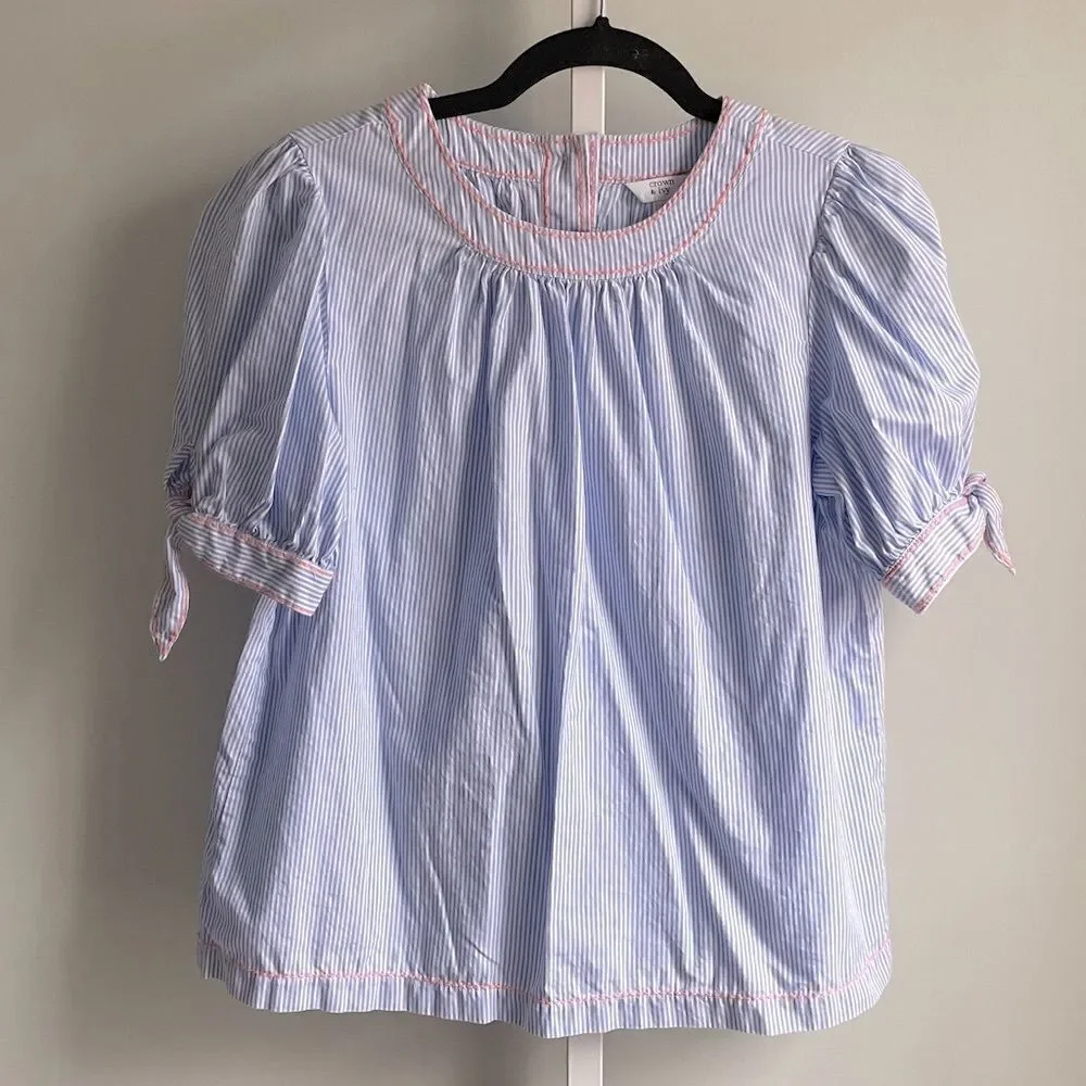 Crown & Ivy Blue Seersucker Blouse with Tie Sleeves - Picture 1 of 4
